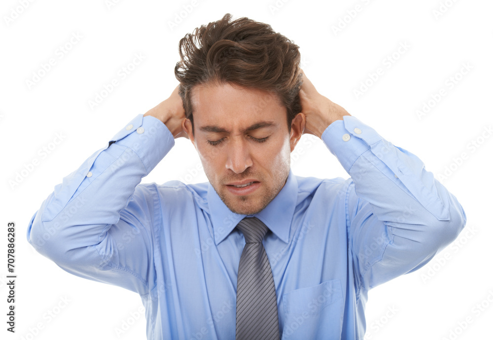 Business man, frustrated and stress in studio for burnout, anxiety and doubt mistake, vertigo and disaster on white background. Angry worker in crisis, challenge and risk of bankruptcy, debt and fail Business man, frustrated and stress in studio for burnout, anxiety and doubt mistake, vertigo and disaster on white background. Angry worker in crisis, challenge and risk of bankruptcy, debt and fail