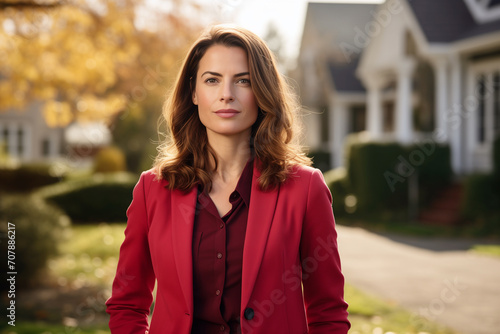 Female Real Estate Agent in a Red Suit Stands in Front of Houses for Sale or Rent