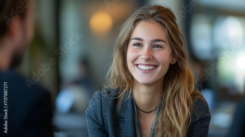 Young Woman in Business Dress at Job Interview, Smiling in Professional Office Setting, Positive Interaction with HR, Successful Meeting and Agreement in Formal Meeting Room © Michael