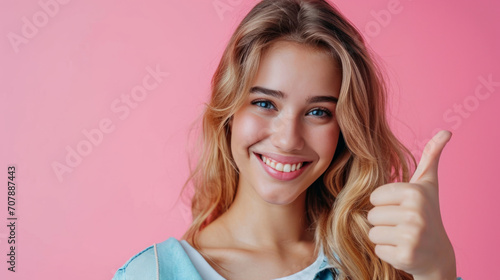 Beautiful woman, cute, show thumbs up positive feedback, lady showing OK gesture, Excellent or good review result concept, Customer rating for experience or quality product and service, Opinion survey
