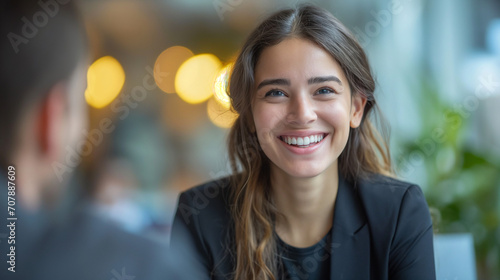 Young Woman in Business Dress at Job Interview, Smiling in Professional Office Setting, Positive Interaction with HR, Successful Meeting and Agreement in Formal Meeting Room
