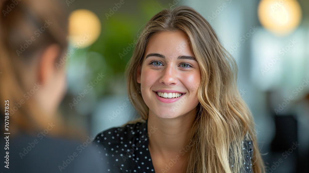 Young Woman in Business Dress at Job Interview, Smiling in Professional Office Setting, Positive Interaction with HR, Successful Meeting and Agreement in Formal Meeting Room Young Woman in Business Dress at Job Interview, Smiling in Professional Office Setting, Positive Interaction with HR, Successful Meeting and Agreement in Formal Meeting Room