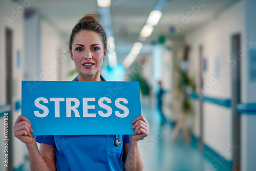Overworked nurse or doctor holding a 'STRESS' sign, healthcare staff burnout. Shallow field of view. photo