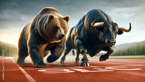 Stock market rivals bear and bull getting ready for a financial race between each other at the start line