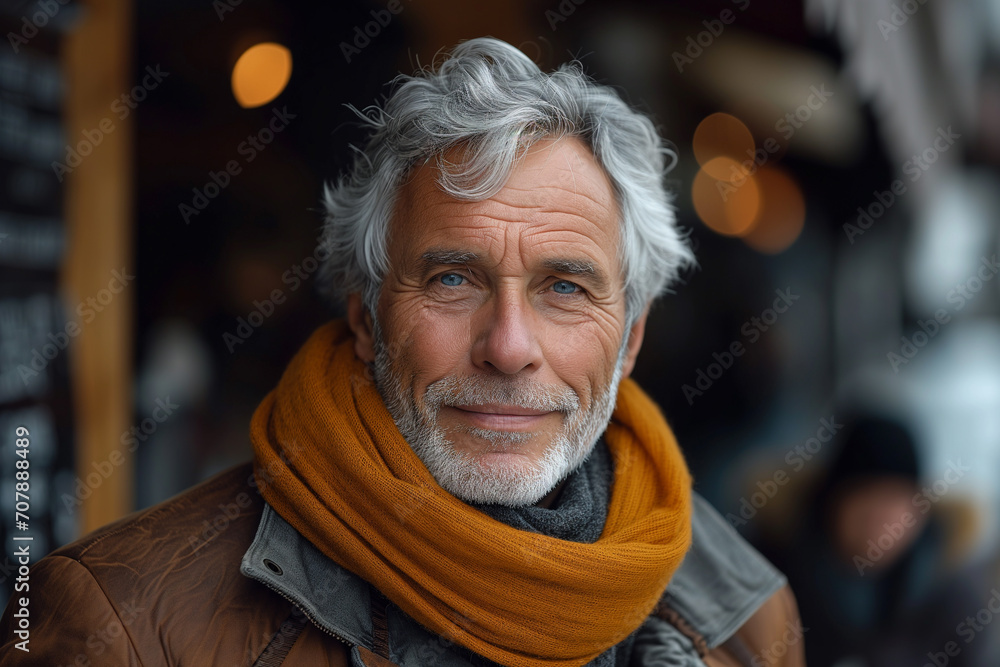 Portrait of an elderly gray-haired man in a brown coat and scarf against a blurred background of a crowd of people in the waiting room. Portrait of a grey-haired bearded man in a jacket. Portrait of an elderly gray-haired man in a brown coat and scarf against a blurred background of a crowd of people in the waiting room. Portrait of a grey-haired bearded man in a jacket.