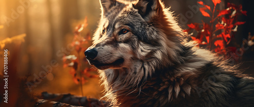 Wyoming wolf in the forest at sunset, in the style of light silver and dark amber, photo-realistic landscapes, dark red and light amber, close up, anemoiacore, dark yellow and light indigo, caninecore photo