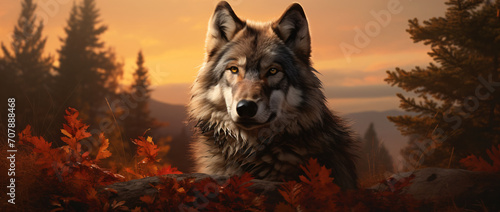 Wyoming wolf in the forest at sunset, in the style of light silver and dark amber, photo-realistic landscapes, dark red and light amber, close up, anemoiacore, dark yellow and light indigo, caninecore photo