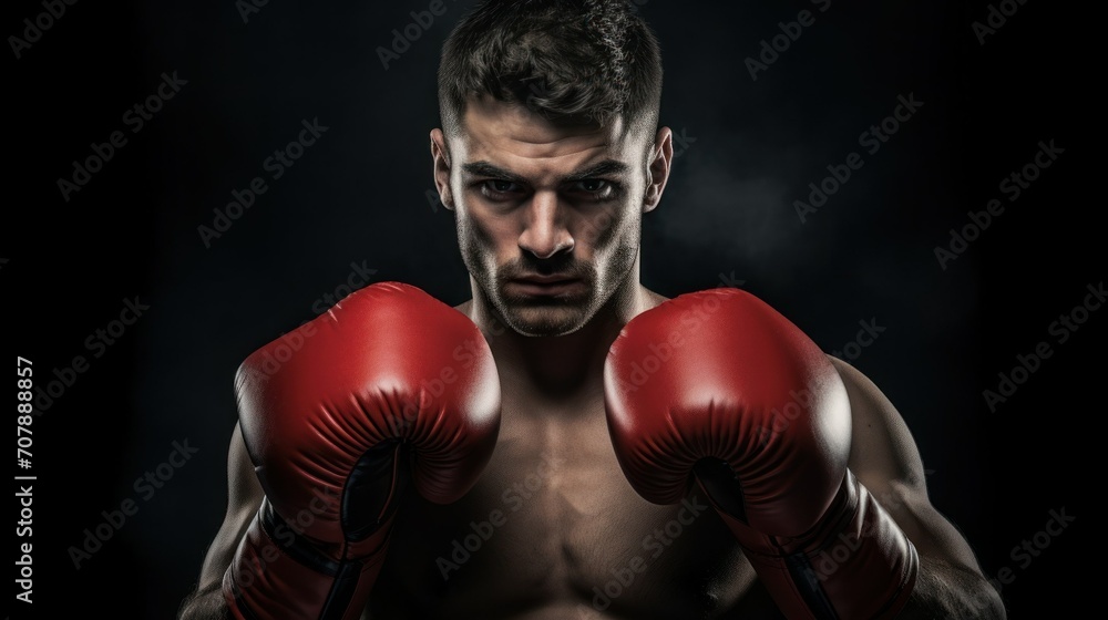 a bare-chested man swings red gloves. dark background. concept of healthy lifestyle, sports, boxing, advertising for the gym.copy space, mock-up,space for text. soft focus,defocus.horizontal photo