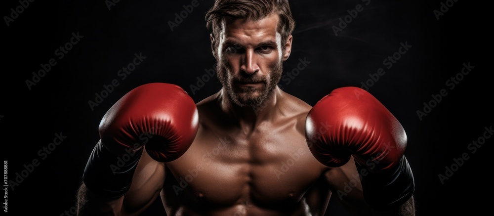 a bare-chested man swings red gloves. dark background. concept of healthy lifestyle, sports, boxing, advertising for the gym.copy space, mock-up,space for text. soft focus,defocus.horizontal photo