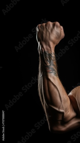 male strong hand with muscles clenched into a fist. advertising concept for the gym, competition, arm wrestling, wellness treatments, sports store.copy space, mock-up,space for text.vertical photo