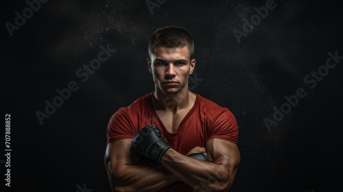 a bare-chested man swings red gloves. dark background. concept of healthy lifestyle, sports, boxing, advertising for the gym.copy space, mock-up,space for text. soft focus,defocus © Anastasiya