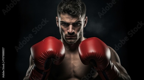 a bare-chested man swings red gloves. dark background. concept of healthy lifestyle, sports, boxing, advertising for the gym.copy space, mock-up,space for text. soft focus,defocus.horizontal photo © Anastasiya