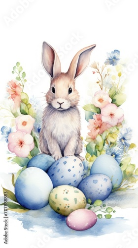 watercolor drawing of a rabbit  Easter eggs and flowers in the foreground. vertical photo. concept of Easter  Sunday  Christ   eggs and cards.space for text.copy space