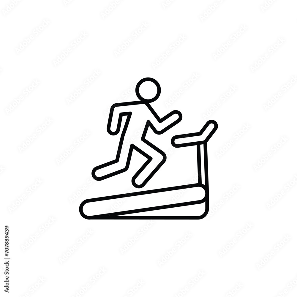 Man running on treadmill icon. Simple outline style. Run, runner, gym equipment, fitness, exercise machine, sport concept. Thin line symbol. Vector isolated on white background. SVG. Man running on treadmill icon. Simple outline style. Run, runner, gym equipment, fitness, exercise machine, sport concept. Thin line symbol. Vector isolated on white background. SVG.