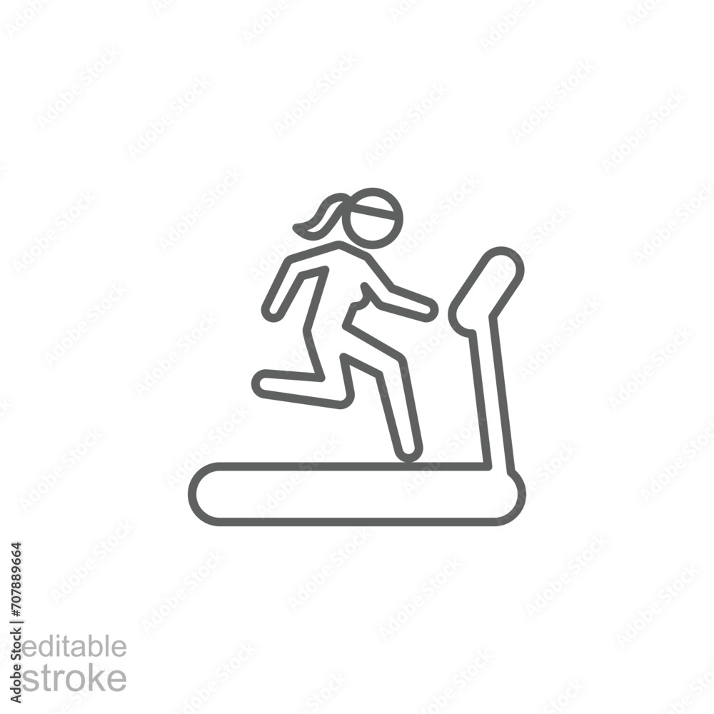 Woman running on treadmill icon. Simple outline style. Run, female, gym equipment, fitness, exercise machine, sport concept. Thin line symbol. Vector isolated on white background. Editable stroke SVG. Woman running on treadmill icon. Simple outline style. Run, female, gym equipment, fitness, exercise machine, sport concept. Thin line symbol. Vector isolated on white background. Editable stroke SVG.