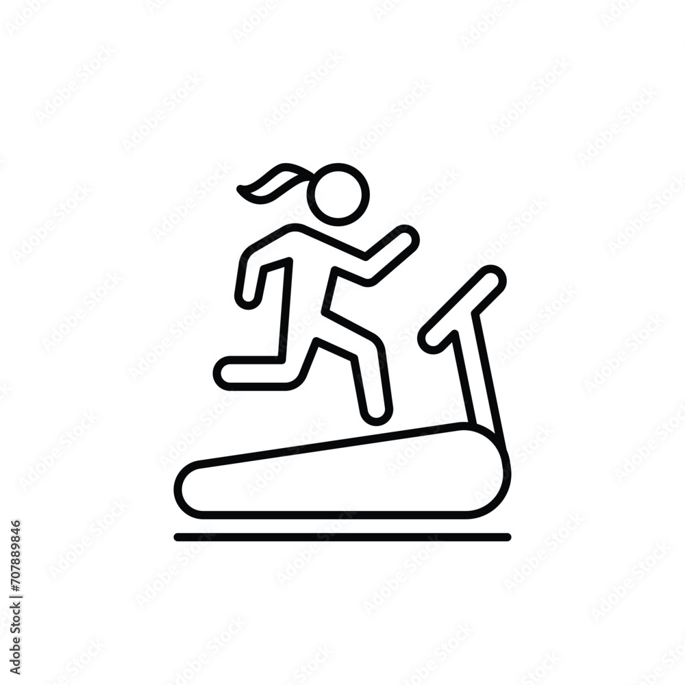 Woman running on treadmill icon. Simple outline style. Run, female, gym equipment, fitness, exercise machine, sport concept. Thin line symbol. Vector isolated on white background. SVG. Woman running on treadmill icon. Simple outline style. Run, female, gym equipment, fitness, exercise machine, sport concept. Thin line symbol. Vector isolated on white background. SVG.