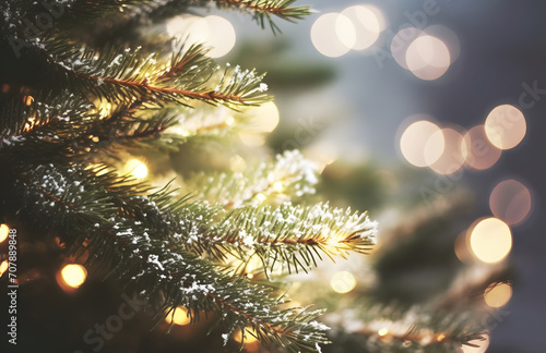 Christmas tree on blurred background. Christmas tree with artificial snow and garlands, fir brunch, bokeh