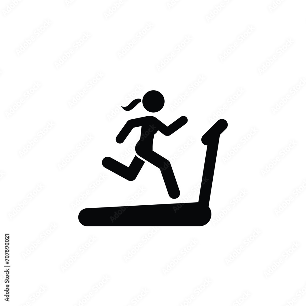 Woman running on treadmill icon. Simple solid style. Run, female, gym equipment, fitness, exercise machine, sport concept. Black silhouette, glyph symbol. Vector isolated on white background. SVG. Woman running on treadmill icon. Simple solid style. Run, female, gym equipment, fitness, exercise machine, sport concept. Black silhouette, glyph symbol. Vector isolated on white background. SVG.