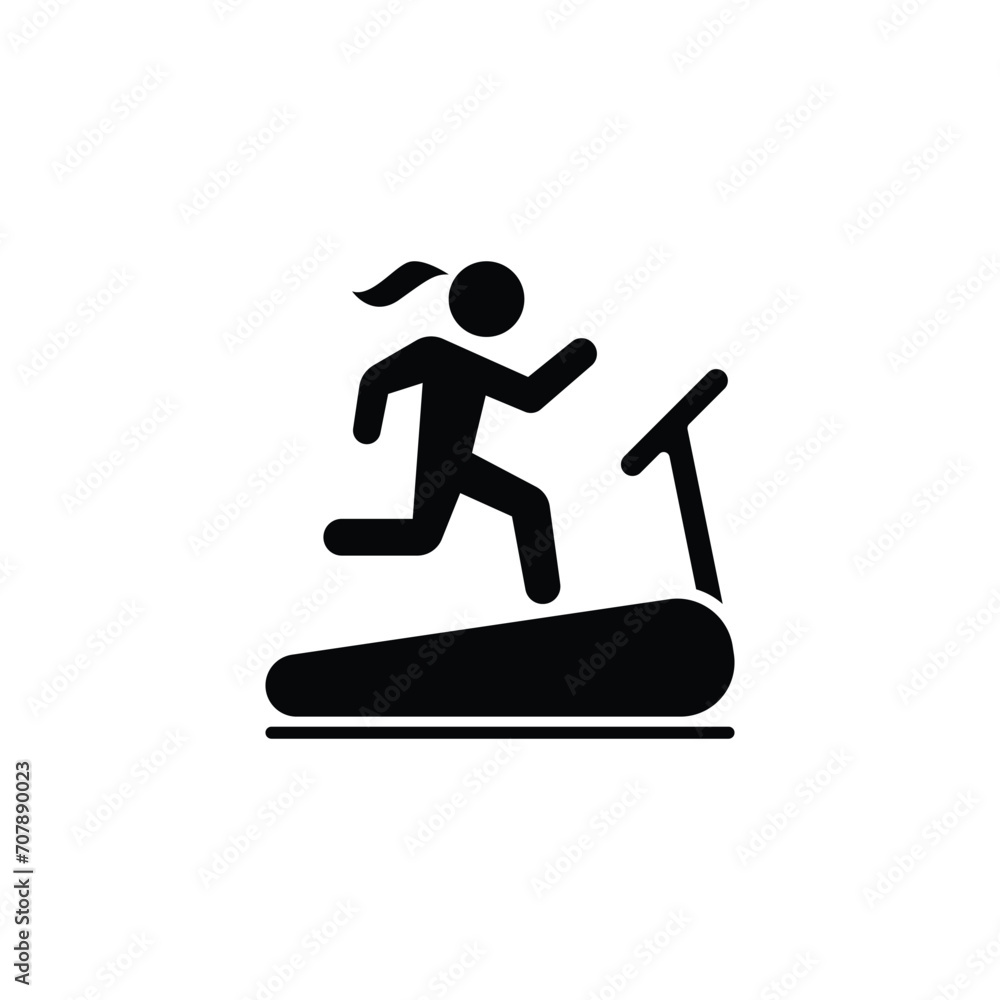 Woman running on treadmill icon. Simple solid style. Run, female, gym equipment, fitness, exercise machine, sport concept. Black silhouette, glyph symbol. Vector isolated on white background. SVG. Woman running on treadmill icon. Simple solid style. Run, female, gym equipment, fitness, exercise machine, sport concept. Black silhouette, glyph symbol. Vector isolated on white background. SVG.