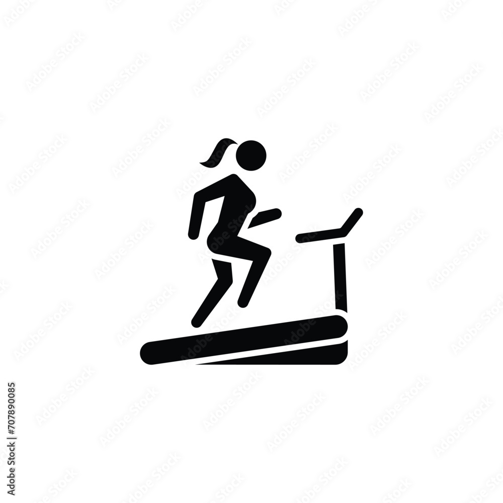 Woman running on treadmill icon. Simple solid style. Run, female, gym equipment, fitness, exercise machine, sport concept. Black silhouette, glyph symbol. Vector isolated on white background. SVG. Woman running on treadmill icon. Simple solid style. Run, female, gym equipment, fitness, exercise machine, sport concept. Black silhouette, glyph symbol. Vector isolated on white background. SVG.