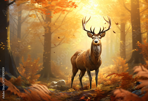 Stag in the autumn forest with a orange sky  in the style of photorealistic portraits  photo-realistic landscapes  