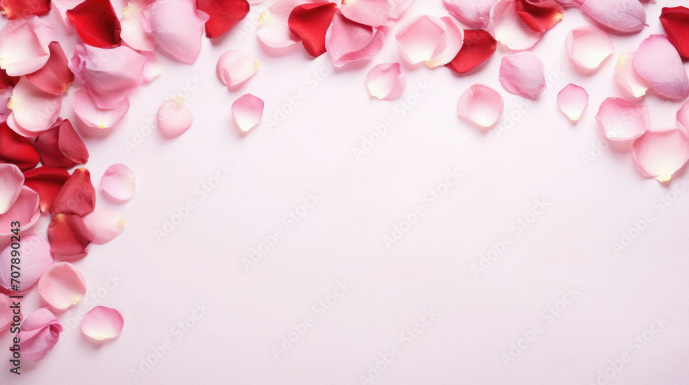 Rose petals on white background, top view. Space for text.