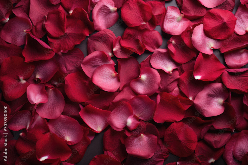 Red rose petals background. Valentines day concept. Top view.