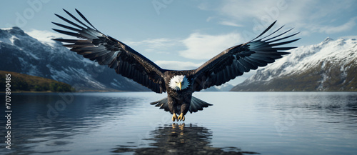A bald eagle is on display in the water with mountains in the background, in the style of norwegian nature, dark white and light navy, dynamic poses, aurorapunk, high-angle, wimmelbilder, light gold a