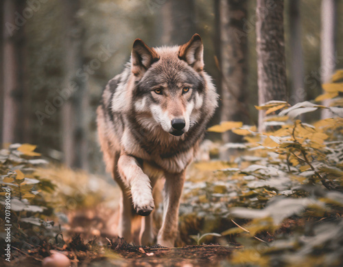 Wolf in the forest  motion photo  blurry background  wildlife  hunting