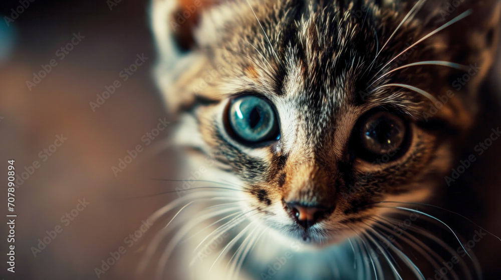 Portrait of a very cute sad kitten with huge eyes in his daily life, space for text