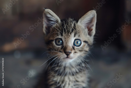 Portrait of a very cute sad kitten with huge eyes in his daily life, space for text © Irina Beloglazova