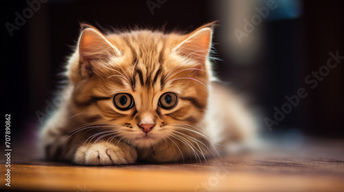 Portrait of a very cute sad kitten with huge eyes in his daily life, space for text © Irina B