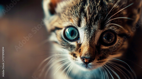 Portrait of a very cute sad kitten with huge eyes in his daily life, space for text