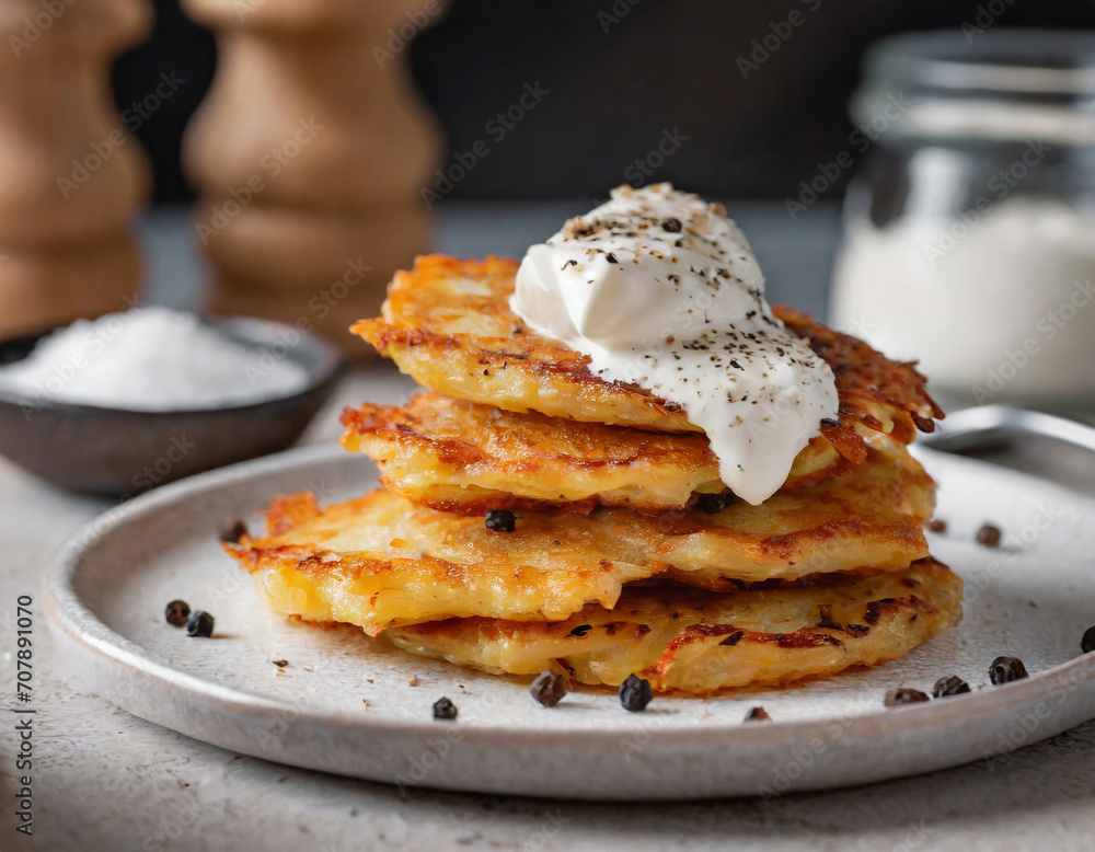 Crispy, fried potato pancakes with sour cream, pepper and salt Crispy, fried potato pancakes with sour cream, pepper and salt