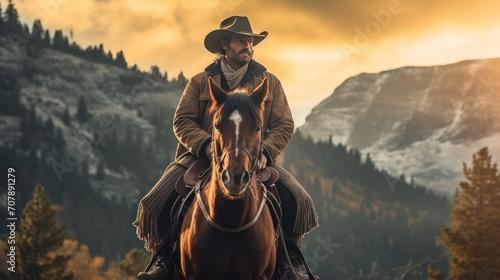 Foto Cowboy riding a horse under beautiful sunset
