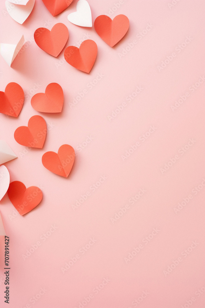 Valentine's day background with red paper hearts on pink background.