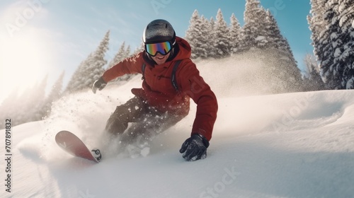 Active man snowboarder riding on slope during beautiful sunny day in the ountains snowboarder snowboarding in powder snow on a beautiful sunny day