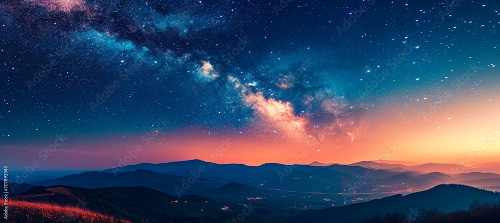 a vast, starry night sky with a landscape below - Generative AI