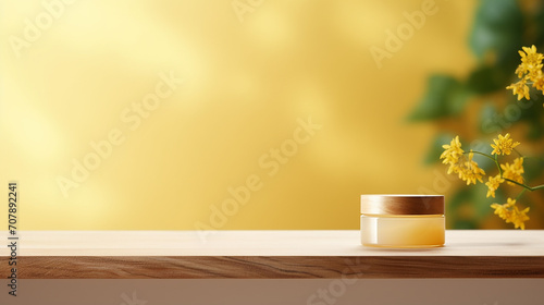empty wooden counter top sunlight with blurred green leaf on yellow wall