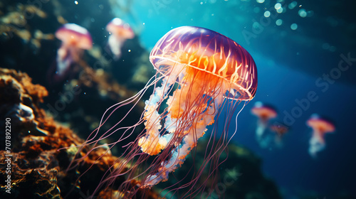 A photo of a bright, beautiful jellyfish swimming in the ocean. Generative AI © kovalovds
