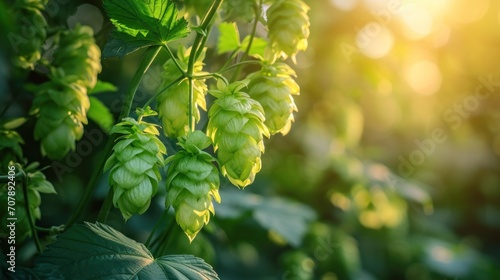 Lush green hop cones ready for harvest in a sunlit agricultural field photo