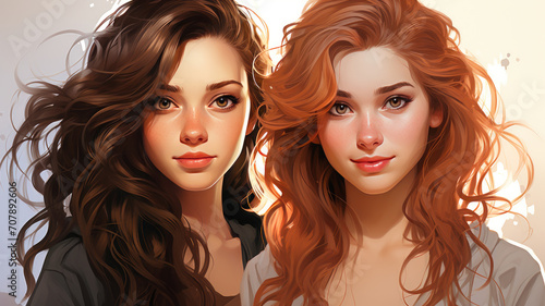 Radiant Twins at Sunset: Artistic Portrait of Sibling-like Beauty in Warm Tones, Ideal for Fashion and Lifestyle - AI Generated Illustration