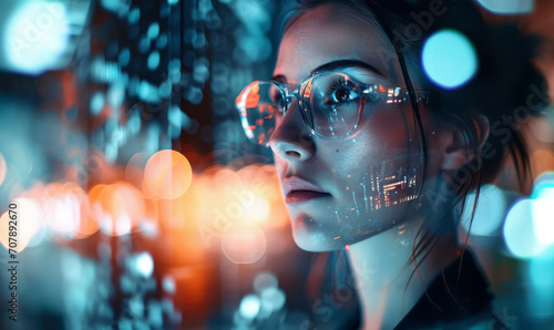 a futuristic portrait of a businesswoman with holographic screens, incorporating glitch effects and reflections
