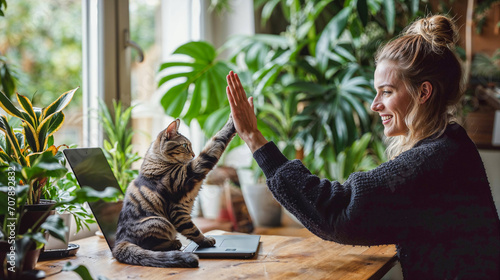 Woman Giving High Five to Cat, Indoor Greenery, Work-Life Balance photo
