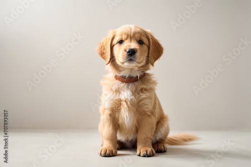 Cachorro golden retriever, sentado, mirando a cámara, sobre fondo blanco
