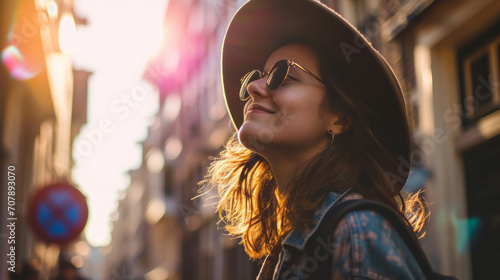 A young woman with long hair smiles happily as she walks through the streets of a foreign capital