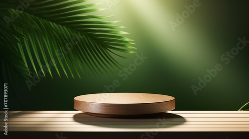 3d minimal modern wooden podium tray plate on green wall an wooden table counter in dappled sunlight