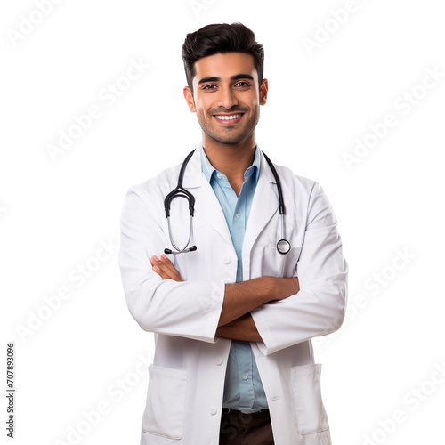 Front view of an extremely handsome Indian male model dressed as a Doctor smiling with arms folded, isolated on a white transparent  background
