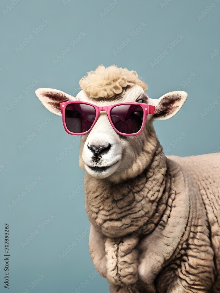 portrait of lamb with glasses on colorful background. Generative AI