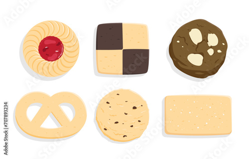 Top view of assorted traditional butter cookies, checkboard cookie, round jam cookie, almond chocolate cookie, raisin cookie, rectangle cookie, pretzel cookie photo